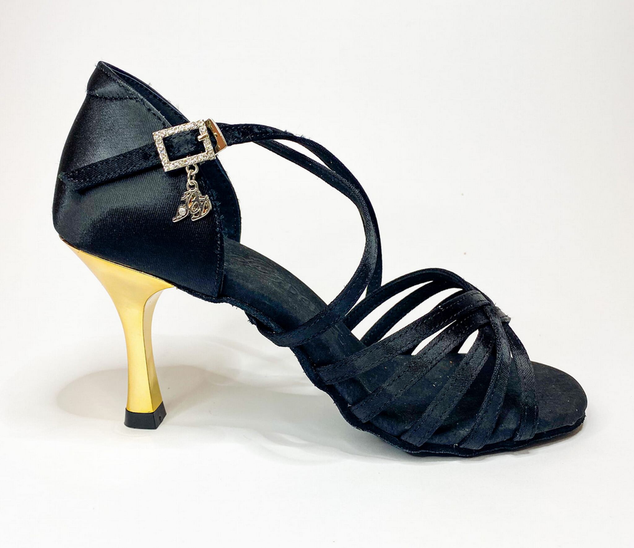 BD DANCE 216 Black satin & Gold heel . Buty damskie do tańców latynoamerykańskich